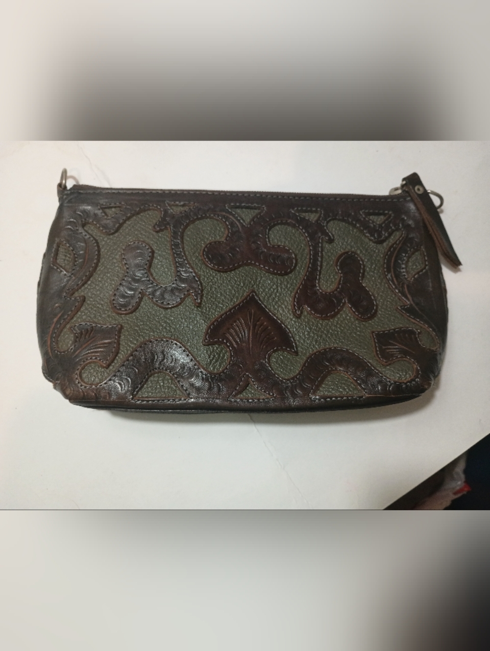 Leaders In Leather Hand Tooled Leather Clutch Crossbody Bag Brown Green Boho VTG